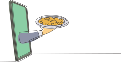 Single einer Linie Zeichnung Hände aus von Smartphone Bildschirm mit Tablett öffnen zu Dienen Pizza. bestellen Essen digital. online Lieferung Bedienung Konzept. kontinuierlich Linie zeichnen Design Grafik Illustration png