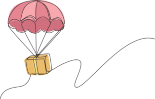 Single continuous line drawing box package flies through the sky using parachute. Online delivery service. Fast delivery parcel concept. Dynamic one line draw graphic design illustration png