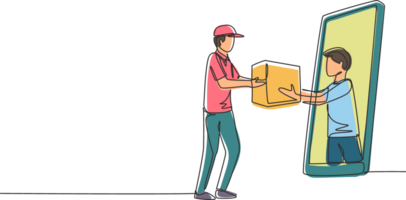 Continuous one line drawing male customer receives boxed package, through smartphone screen from male courier. Online delivery service concept. Single line draw design graphic illustration png