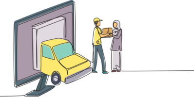 Single one line drawing delivery box car comes out partly from monitor screen and courier gives package box to hijab female customer. Modern continuous line draw design graphic illustration png