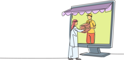 Single continuous line drawing courier comes out of giant monitor screen with canopy and gives package box to Arabic male customer. Online delivery. One line draw graphic design illustration png