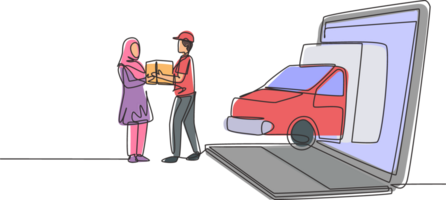 single doorlopend lijn tekening levering doos auto komt uit gedeeltelijk van laptop scherm en koerier geeft pakket doos naar hijab vrouw klant. dynamisch een lijn trek grafisch ontwerp illustratie png