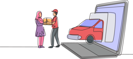 Célibataire continu ligne dessin livraison boîte voiture vient en dehors partiellement de portable écran et courrier donne paquet boîte à hijab femelle client. dynamique un ligne dessiner graphique conception illustration png