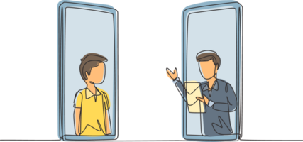 Single one line drawing two smartphones are standing in front of each other, one side contains male junior high school student studying and the other contains male teacher teaching. Draw design vector png