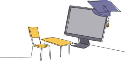 Single one line drawing empty study chairs and desks facing giant monitor screen in which there is blackboard and graduation cap on top. Modern continuous line draw design graphic illustration png