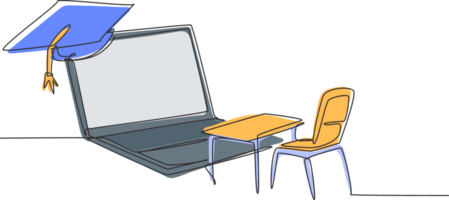 Single continuous line drawing empty study chairs and desks facing giant laptop screen in which there is blackboard and graduation cap on top. Dynamic one line draw graphic design illustration png