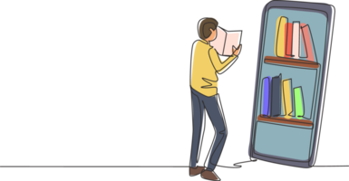 Célibataire un ligne dessin Masculin étudiant en train de lire livre tandis que permanent dans de face de grand téléphone intelligent avec étagère à livres sur filtrer. mobile éducation. moderne continu ligne dessiner conception graphique illustration png