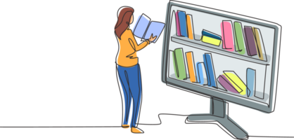 Continuous one line drawing female student reading book while standing in front of large monitor with bookshelf on screen. Mobile education concept. Single line draw design graphic illustration png