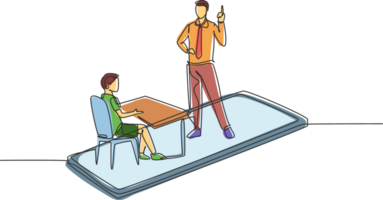 Continuous one line drawing male teacher teaching male junior high school student who sits on bench around desk and studies on smartphone. Single line draw design graphic illustration png