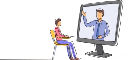 Single continuous line drawing male student sitting studying staring at giant monitor screen and inside laptop there is male lecturer who is teaching. One line draw graphic design illustration png