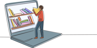 Single continuous line drawing male student reading book while standing in front of large laptop with bookshelf on screen. Mobile education. Dynamic one line draw graphic design illustration png