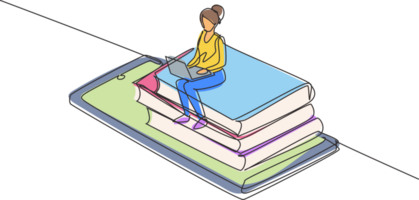 Continuous one line drawing female college student sitting on pile of books while typing on laptop on smartphone. Learning online education concept. Single line draw design graphic illustration png