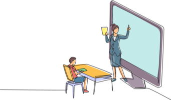 Continuous one line drawing female teacher standing in front of monitor screen holding book and teaching male junior high school students sitting on benches around desk. Single line draw design vector png