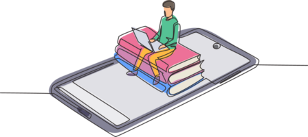 Single continuous line drawing male college student sitting on pile of books while typing on laptop on smartphone. Online education concept. Dynamic one line draw graphic design illustration png