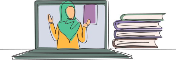 Single einer Linie Zeichnung arabisch männlich geduldig Empfang Rezept von Hijab weiblich Arzt im Smartphone. online medizinisch Beratung. modern kontinuierlich Linie zeichnen Design Grafik Illustration png