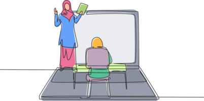 Continuous one line drawing Arabian female teacher standing in front of laptop screen holding book and teaching hijab female students sitting on benches around desk. Single design illustration png