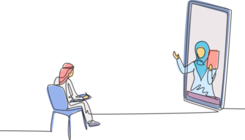 Continuous one line drawing Arabian male student sitting studying staring at monitor screen and inside laptop there is hijab female lecturer who is teaching. Single design graphic illustration png