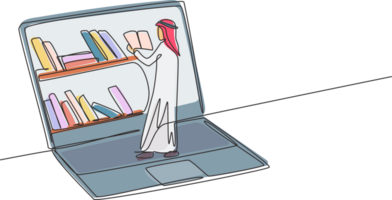 Single continuous line drawing young Arab male college student reading book while standing in front of laptop screen with bookshelf on screen. Dynamic one line draw graphic design illustration png