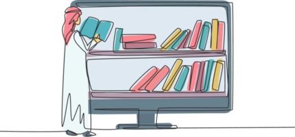 Continuous one line drawing Arab male college student reading book while standing in front of monitor with bookshelf on screen. Education concept. Single line draw design graphic illustration png