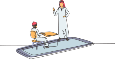 contínuo 1 linha desenhando hijab fêmea paciente tremendo mãos com fêmea médico dentro Smartphone segurando prancheta. conectados médico consulta. solteiro linha desenhar Projeto gráfico ilustração png