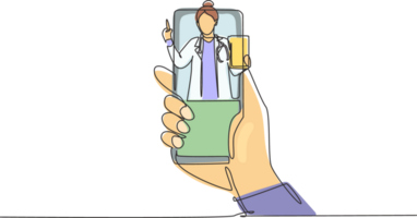 Single one line drawing hand holding smartphone and there is female doctor coming out of smartphone screen holding clipboard. Online consultation concept. Modern continuous draw design graphic png