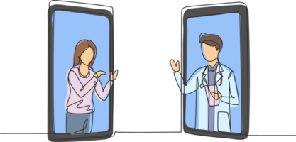 Single continuous line drawing two smartphones face to face and contain female patient and male doctor with their bodies as if coming out of a smartphone. Dynamic one line draw graphic design png