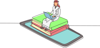 Single one line drawing hijab female patient sitting curled up on sofa, using blanket, holding mug and there is male doctor walking out of smartphone, holding clipboard. Modern continuous line draw png