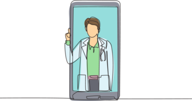Single continuous line drawing male doctor comes out of smartphone screen while making thumbs up gesture. Online consultation doctor concept. Dynamic one line draw graphic design illustration png