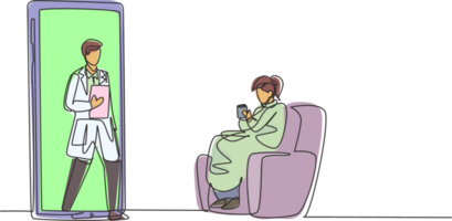 Single continuous line drawing female patient sitting curled up on sofa, using blanket, holding mug and there is male doctor walking out of smartphone, holding clipboard. Dynamic one line draw graphic png