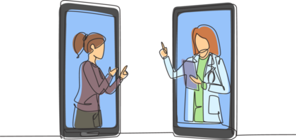 Single continuous line drawing two smartphones face to face and contain female patient and female doctor with their bodies as if coming out of a smartphone. Dynamic one line draw graphic design png