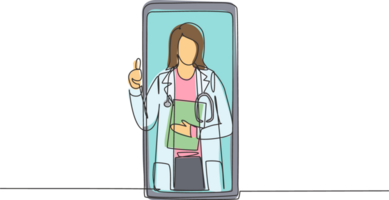 Continuous one line drawing female doctor comes out of smartphone screen while making thumbs up gesture. Online consultation doctor concept. Single line draw design graphic illustration png