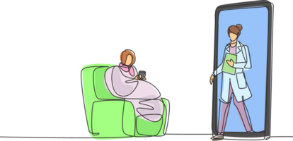 Continuous one line drawing female patient sitting curled up on sofa, using blanket, holding mug and there is female doctor walking out of smartphone, holding clipboard. Single line draw design png