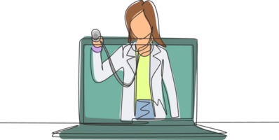 Continuous one line drawing female doctor comes out of laptop screen holding stethoscope. Online medical services, medical consultation concept. Single line draw design graphic illustration png