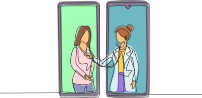 Single continuous line drawing two smartphones facing each other with female doctor checking heart rate of female patient using stethoscope. Dynamic one line draw graphic design illustration png