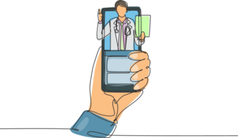 kontinuierlich einer Linie Zeichnung Hand halten Smartphone und Dort ist männlich Arzt Kommen aus von Smartphone Bildschirm halten Zwischenablage. online Beratung Konzept. Single Linie zeichnen ein Design Grafik png