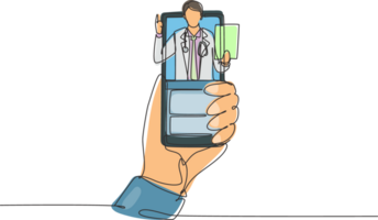 doorlopend een lijn tekening hand- Holding smartphone en Daar is mannetje dokter komt eraan uit van smartphone scherm Holding klembord. online overleg concept. single lijn trek een ontwerp grafisch png