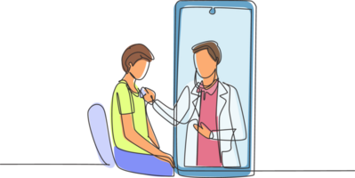 Single continuous line drawing male doctor comes out of smartphone screen and checks male patient's heart rate using a stethoscope sitting on chair. One line draw graphic design illustration png