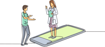 Single continuous line drawing female doctor standing on smartphone, in front of her standing male patient. Online doctor consultation concept. Dynamic one line draw graphic design illustration png