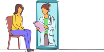 Single continuous line drawing female doctor holding clipboard checking condition of female patient sitting on chair. Online consultation concept. One line draw graphic design illustration png