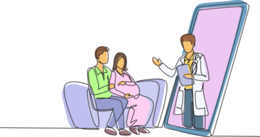 Single one line drawing male doctor comes out from smartphone screen facing patient and gives consultation to patient young couple with pregnant wife. Modern continuous line draw design graphic png