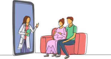 kontinuerlig ett linje teckning kvinna läkare kommer ut från smartphone skärm vänd patient och ger samråd till patient ung par med gravid fru. enda linje dra design grafisk png