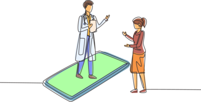 single een lijn tekening mannetje dokter staand Aan smartphone, in voorkant van zijn staand vrouw geduldig. online medisch overleg concept. modern doorlopend lijn trek ontwerp grafisch illustratie png