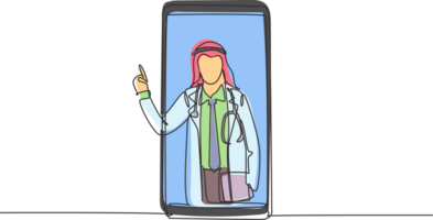 singolo uno linea disegno arabo maschio medico arriva su di smartphone schermo mentre spiegando infettivo patologia. in linea medico concetto. moderno continuo linea disegnare design grafico illustrazione png