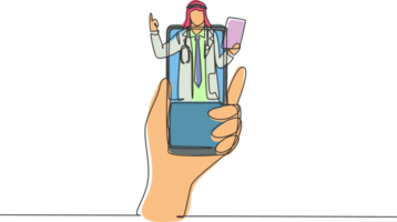 Single continuous line drawing hand holding smartphone and there is Arab male doctor coming out of smartphone screen holding clipboard. Online consultation concept. One line draw graphic design png