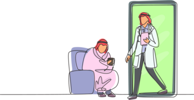 Single one line drawing Arabian male patient sitting curled up on sofa, using blanket, holding mug and there is male doctor walking out of smartphone, holding clipboard. Modern continuous line draw png