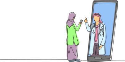 Continuous one line drawing hijab female patient holding smartphone standing facing giant smartphone and consulting male doctor. Doctor online. Single line draw design graphic illustration png