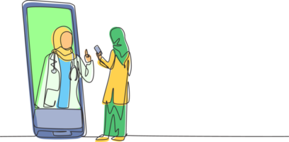 kontinuerlig ett linje teckning hijab kvinna patient innehav smartphone stående vänd jätte smartphone och hört kvinna läkare. läkare uppkopplad. enda linje dra design grafisk illustration png