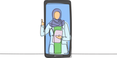 Single one line drawing hijab female doctor comes out of smartphone screen while making thumbs up gesture. Online medical consultation. Modern continuous line draw design graphic illustration png