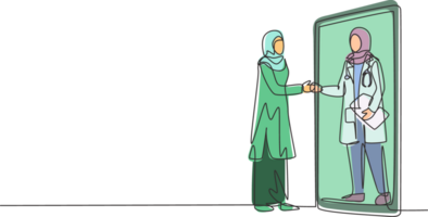 Continuous one line drawing hijab female patient shaking hands with female doctor in smartphone holding clipboard. Online medical consultation. Single line draw design graphic illustration png