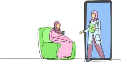 Single continuous line drawing hijab female patient sitting curled up on sofa, using blanket, holding mug and there is female doctor walking out of smartphone, holding clipboard. One line draw graphic png